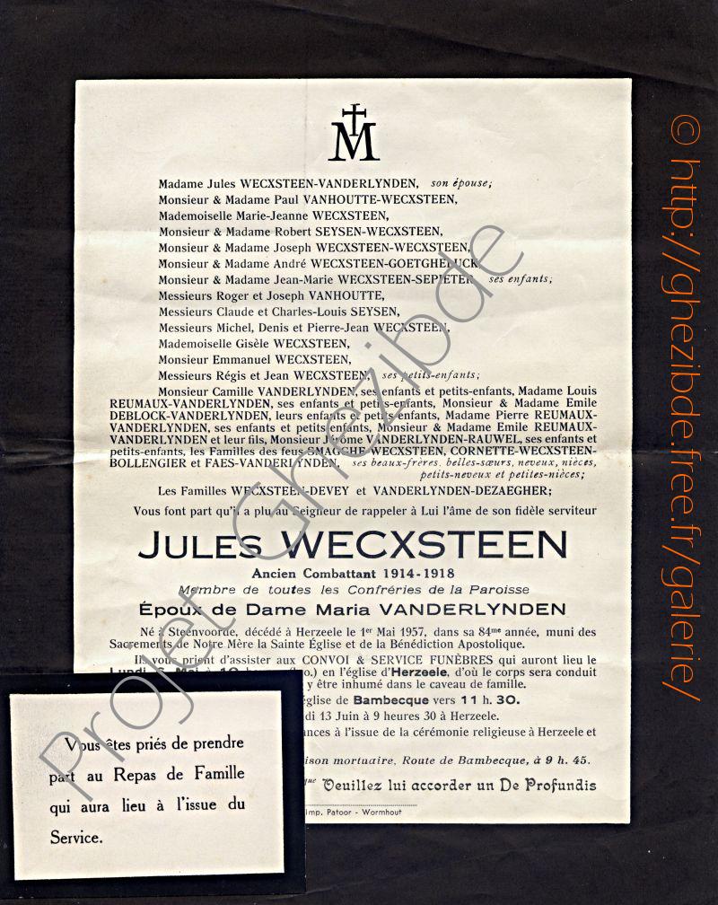 Jules Wecxsteen poux de Dame Maria Vanderlynden, dcd  Herzeele, le 1er Mai 1957 (84me anne).